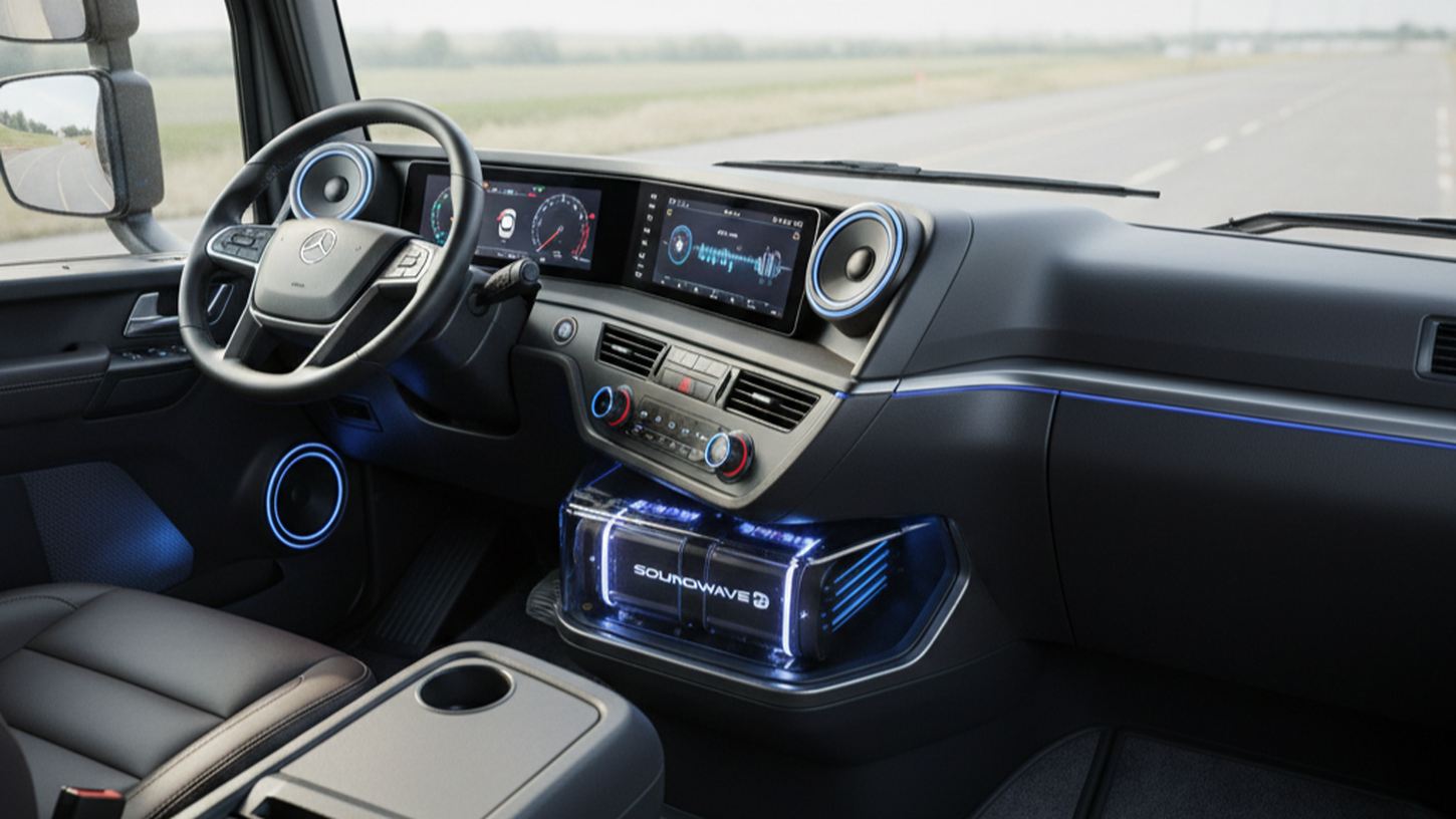 интерьер кабины грузовика с современной акустической системой