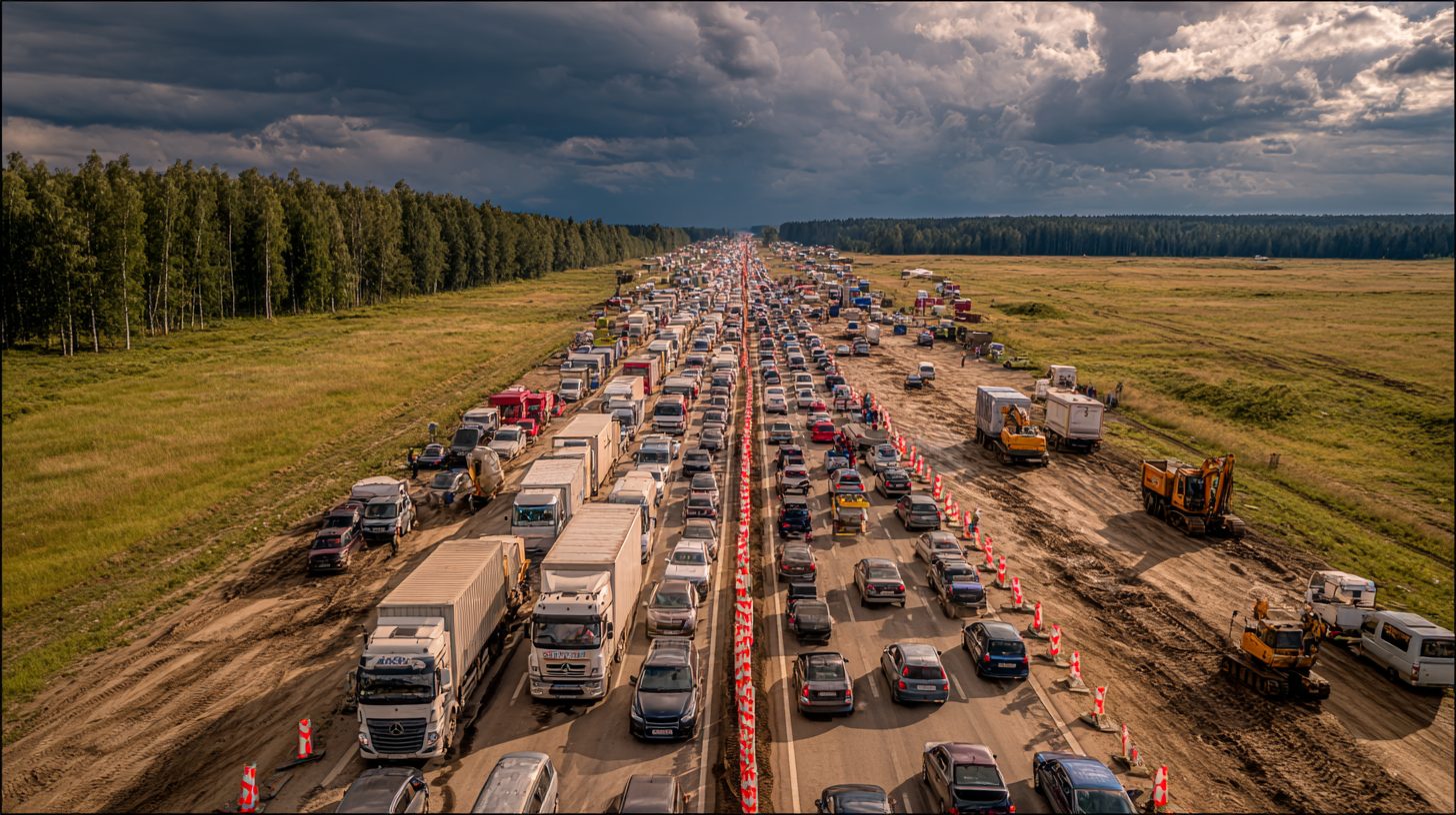 Пробка на трассе М1 в районе ремонта у Орши