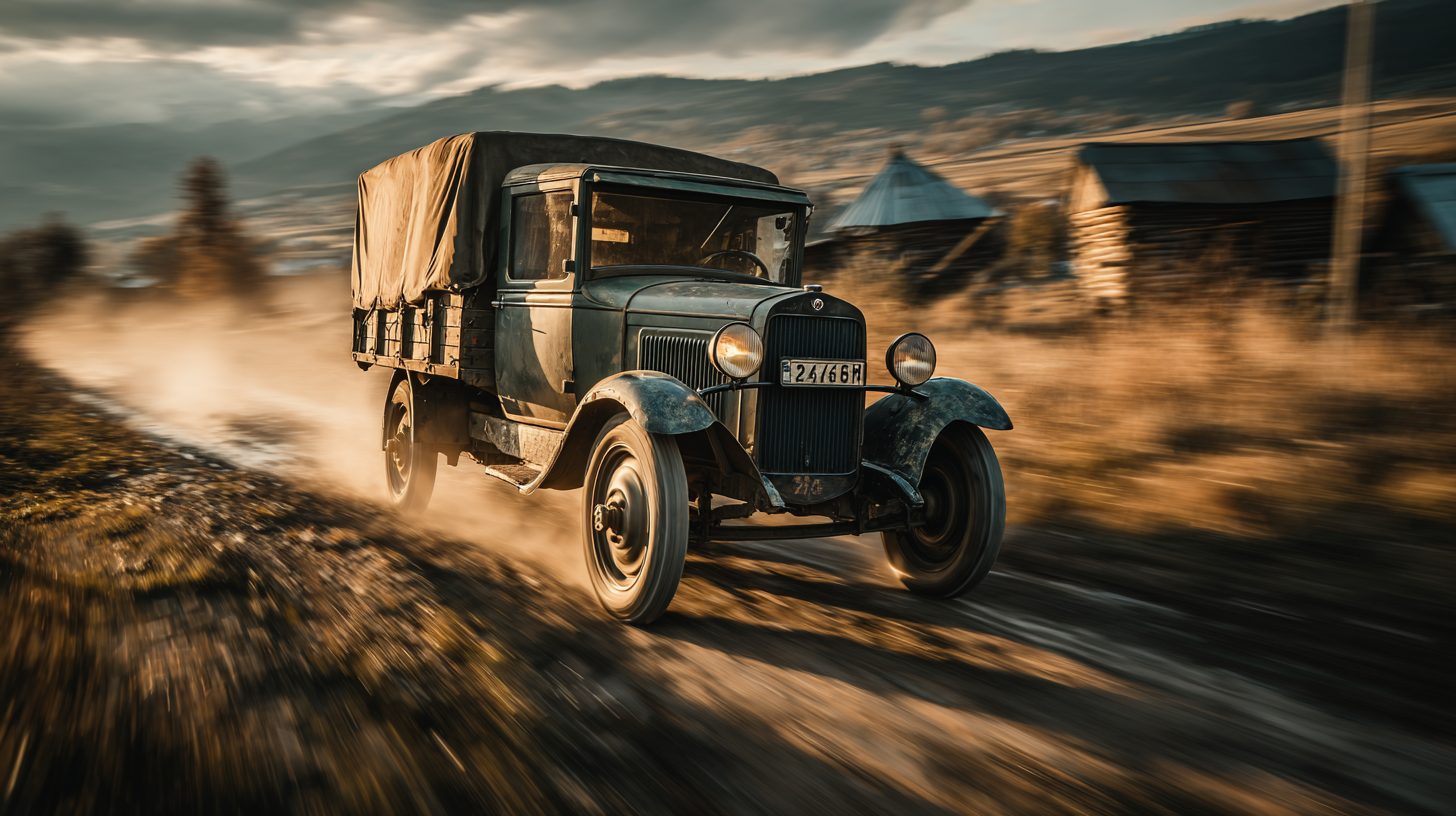 Трехосный грузовик ГАЗ-ААА на марше по сельской дороге