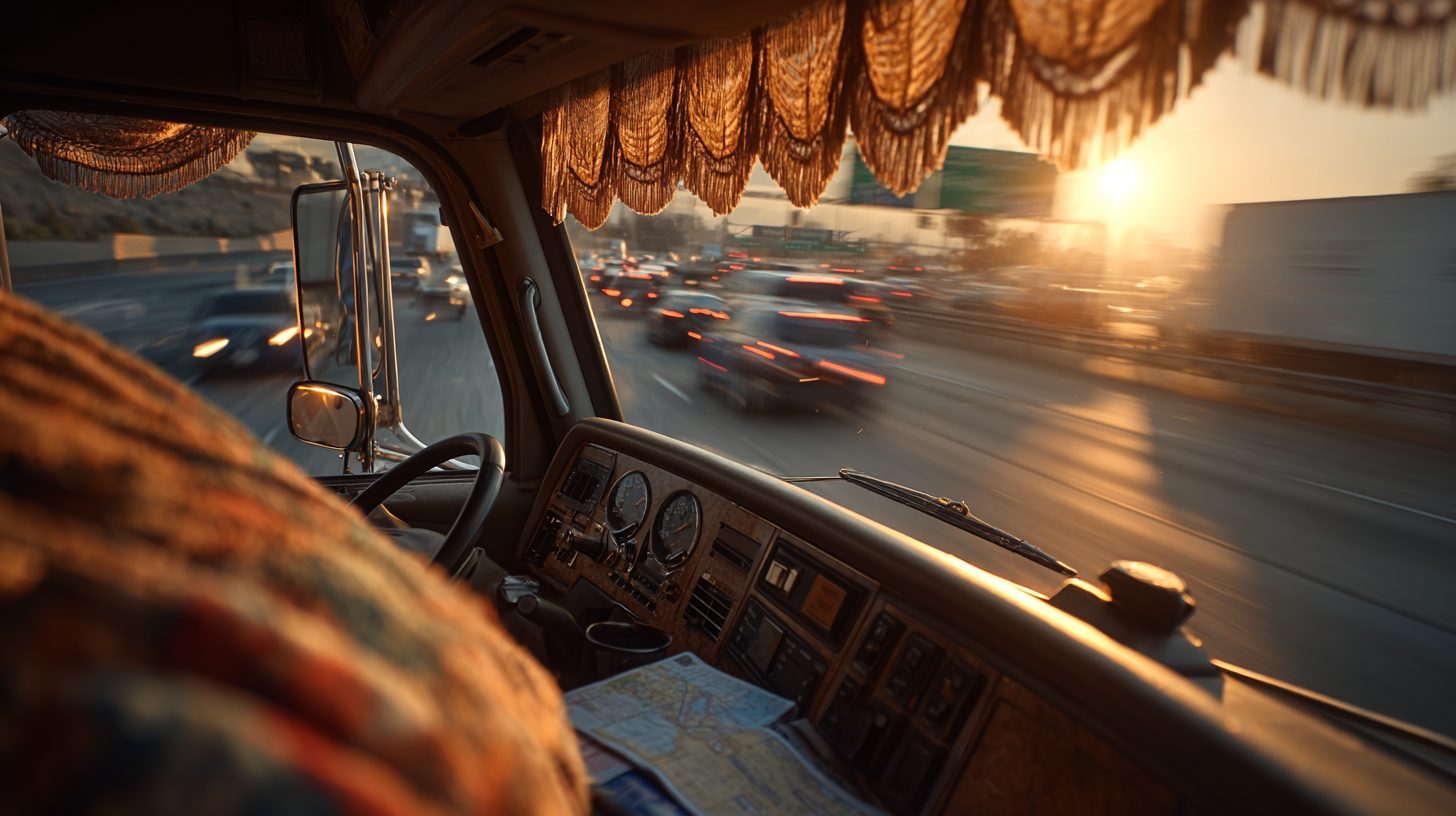 Жалюзи в эксплуатации на грузовой кабине во время движения по трассе