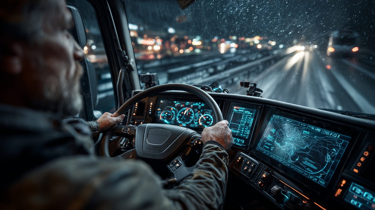 Современный дальнобойщик в кабине фуры на трассе в 2025 году