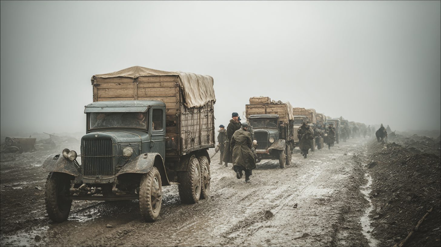 Автоколонна грузовиков ЗИС на фронтовых дорогах во Второй мировой войне
