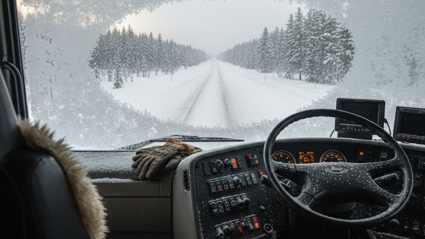 Вид из кабины грузовика зимой