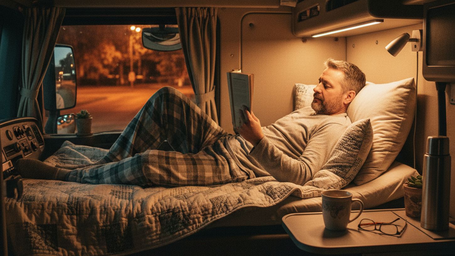 Водитель отдыхает в утепленной кабине фуры