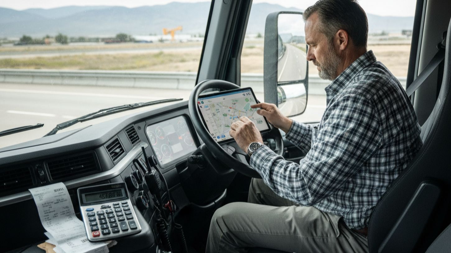 Водитель грузовика рассчитывает стоимость рейса на планшете в кабине с документами и калькулятором