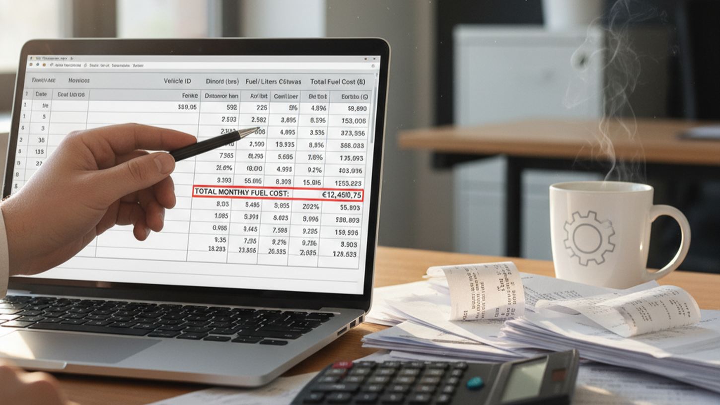Расчет стоимости грузоперевозки на ноутбуке с чеками АЗС калькулятором и документами на столе логиста