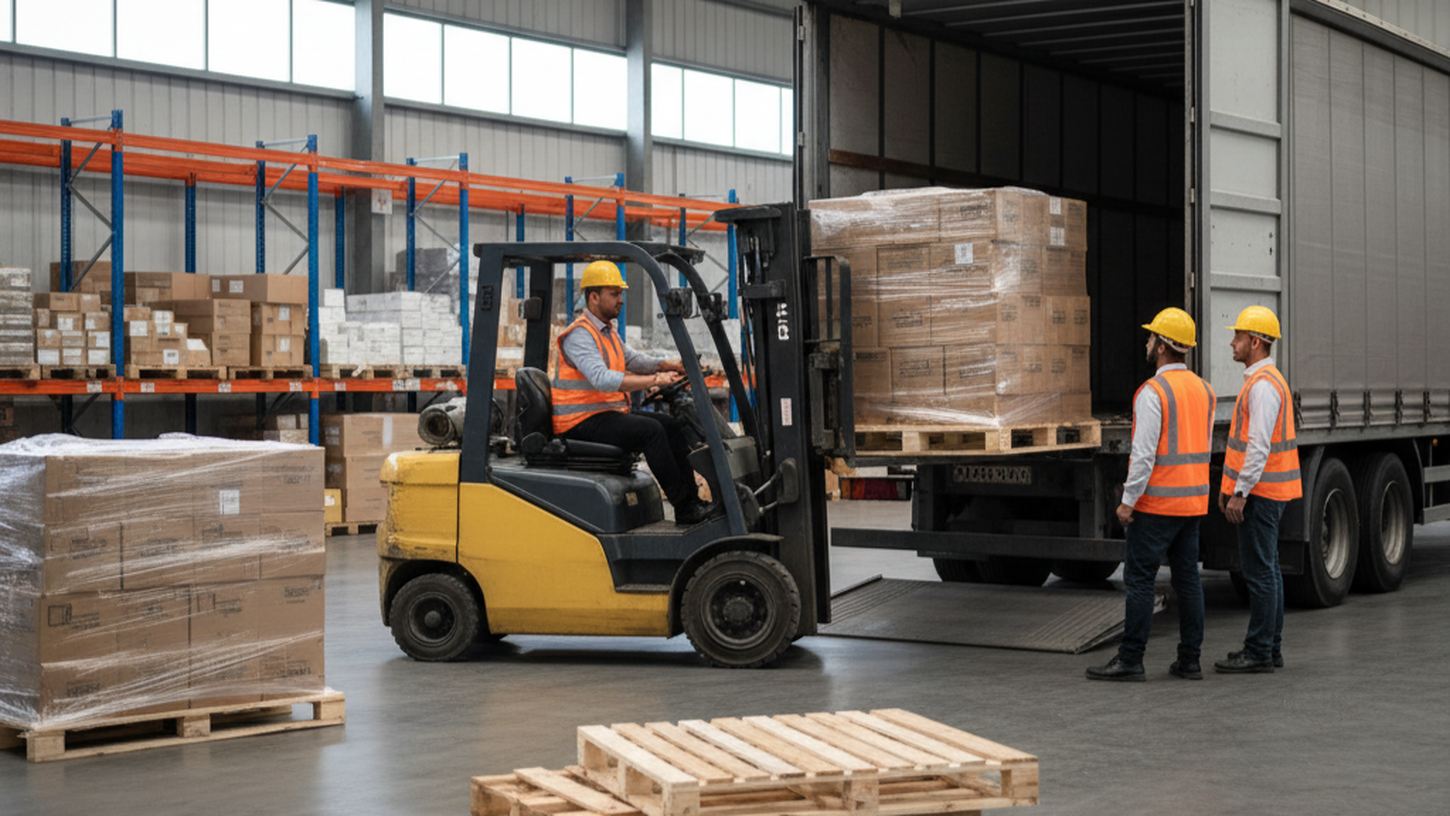 Погрузка паллет на грузовик погрузчиком на складе иллюстрирует дополнительные расходы на перевозку