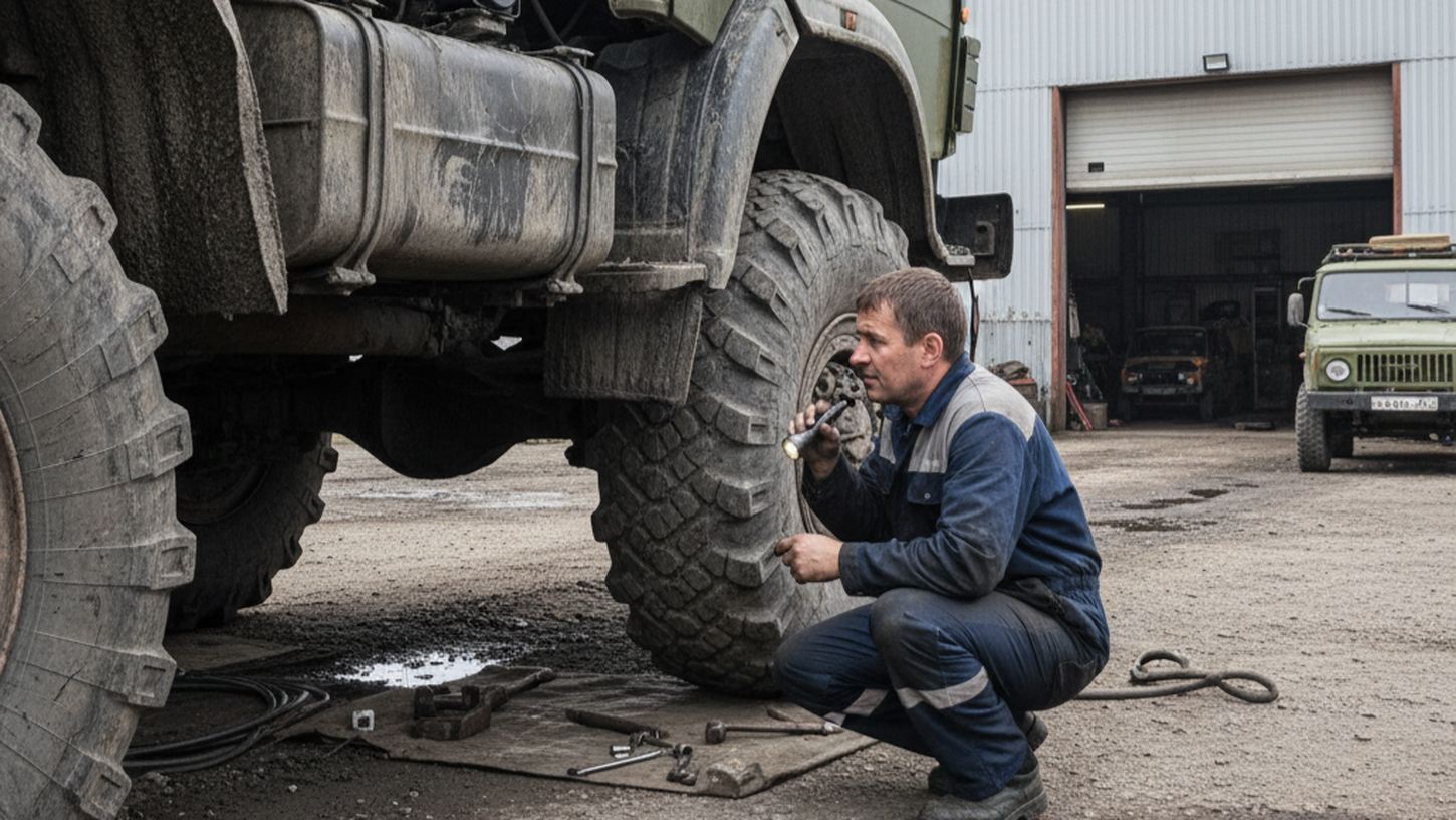 Грузовик на сервисе, механик осматривает подвеску
