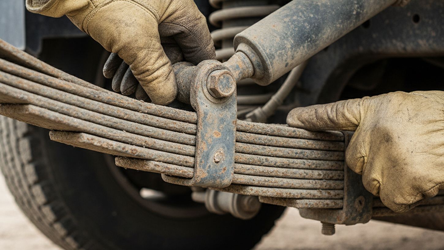 Крупный план рессор и амортизатора грузовика, диагностика состояния