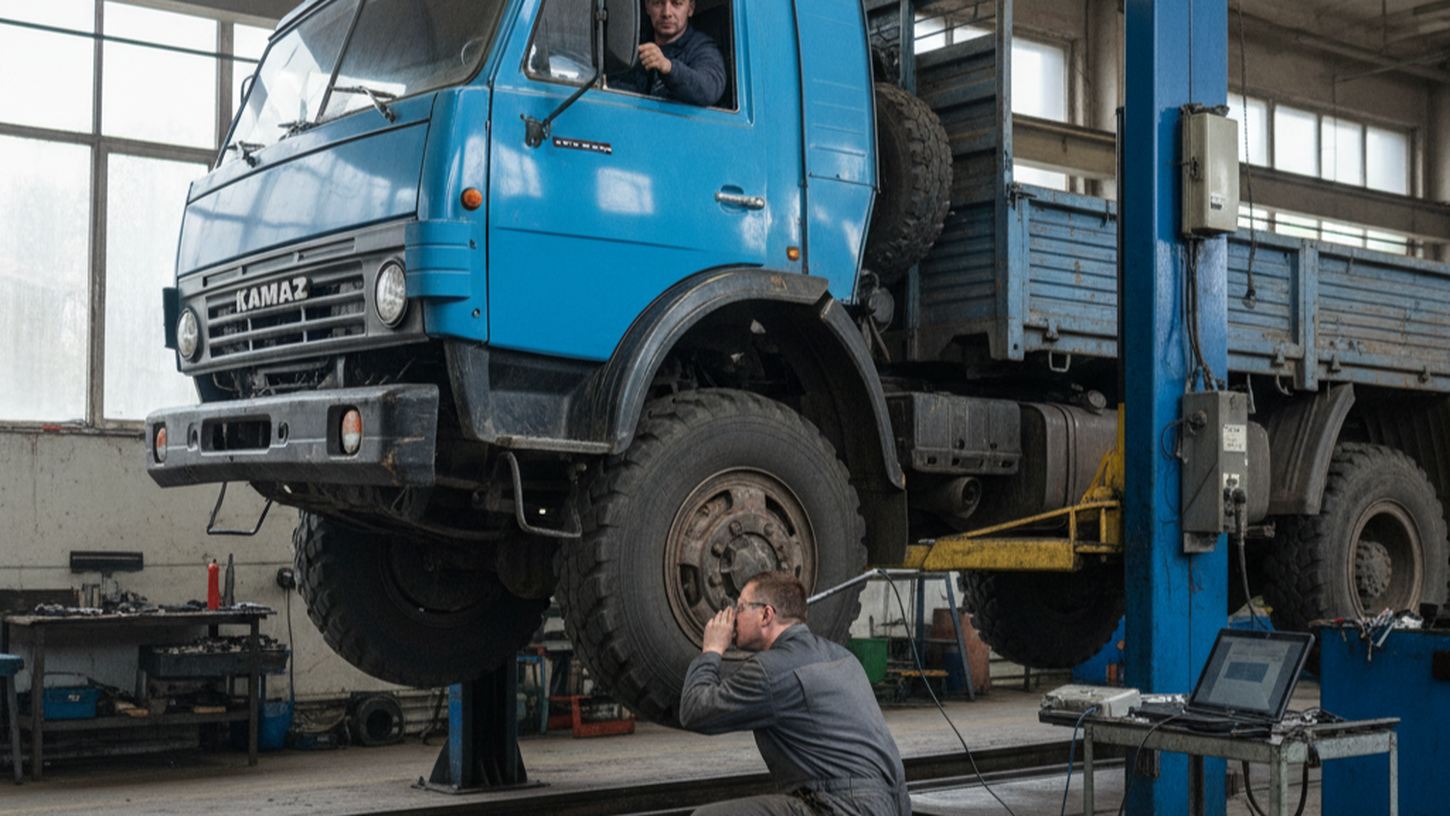 Грузовик на подъемнике, механик проверяет ходовую при тест-драйве