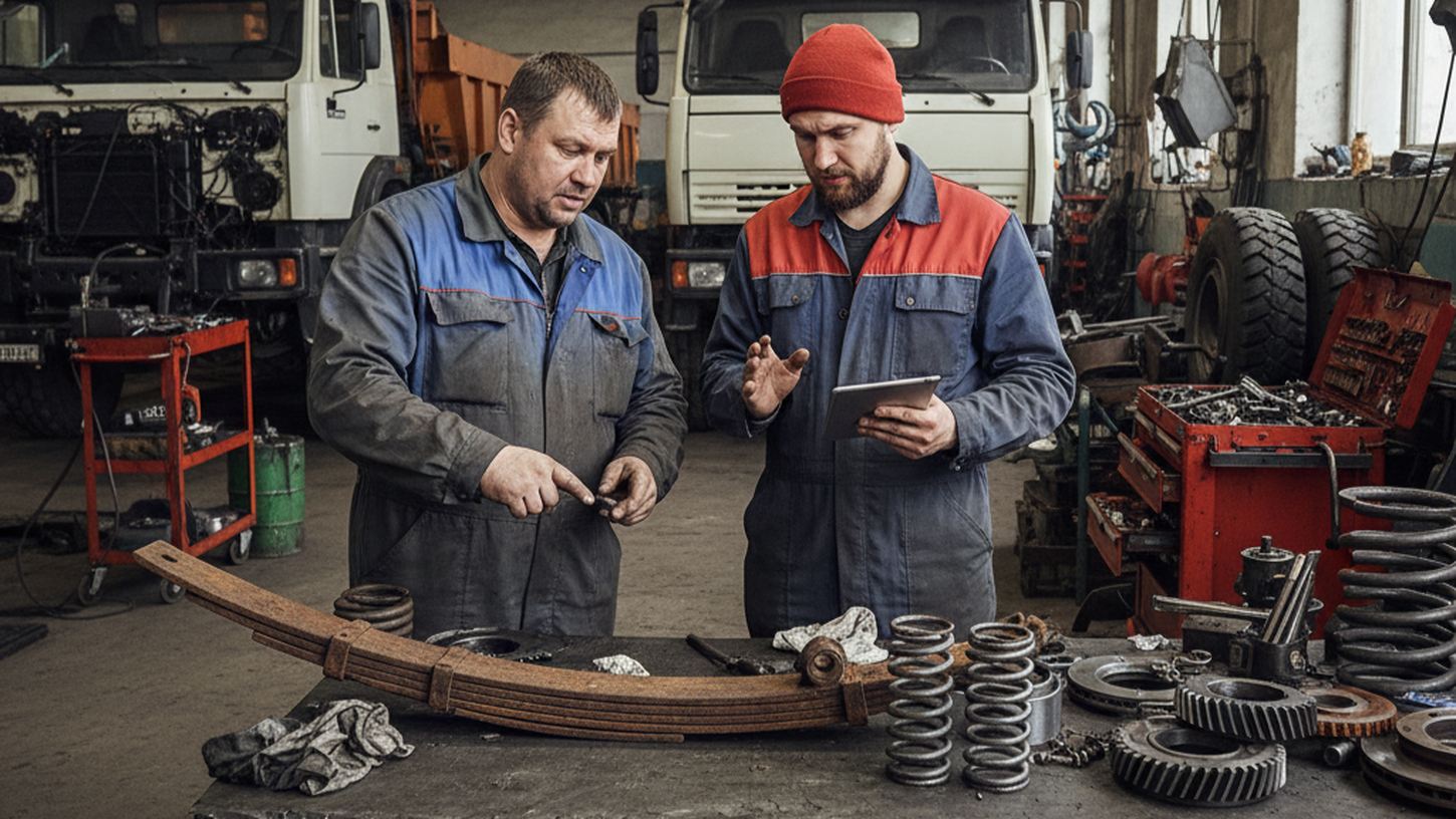 Обсуждение замены изношенной детали подвески, механики выбирают запчасть