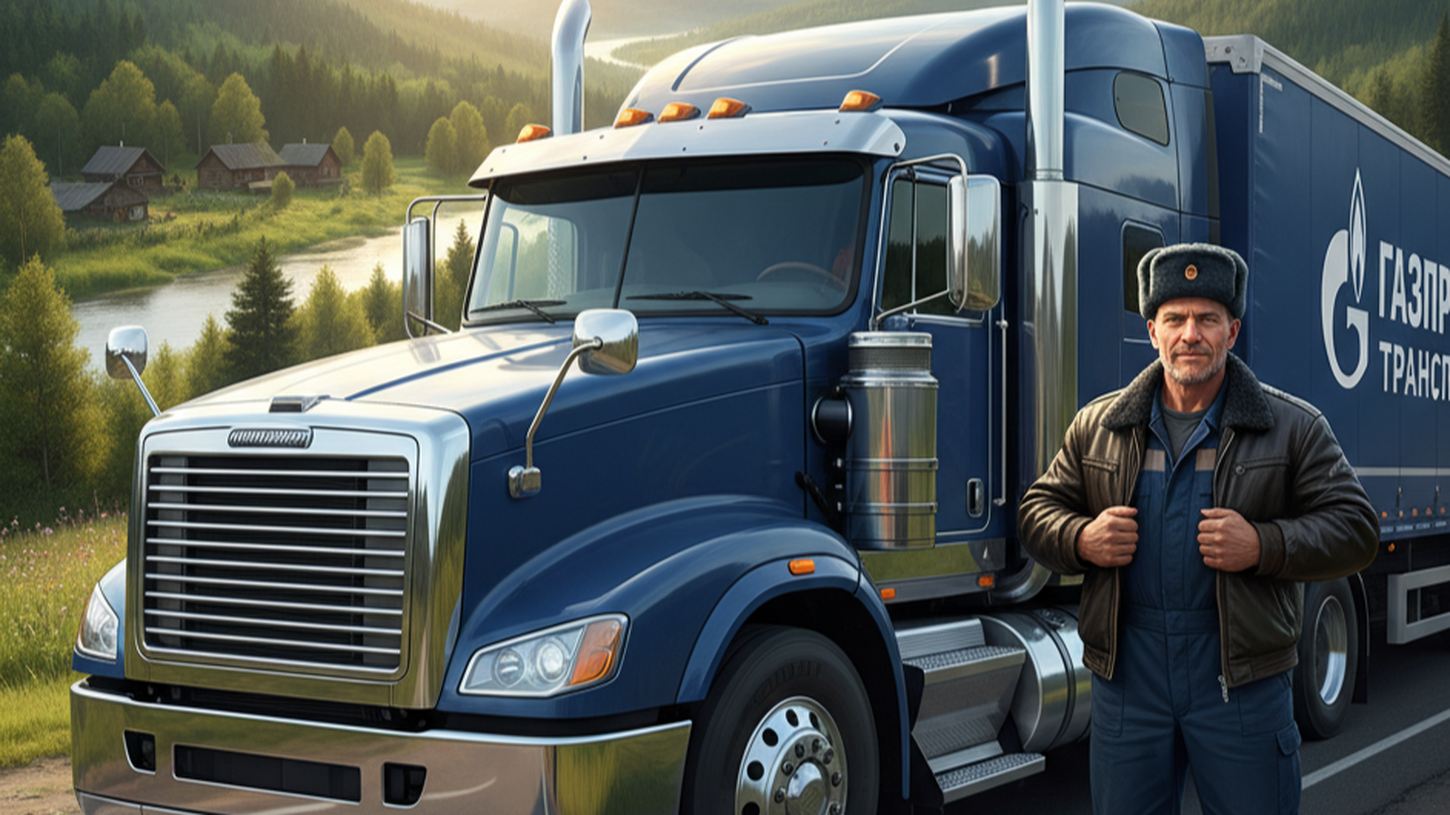 водитель грузовика на фоне современного тягача с российским пейзажем