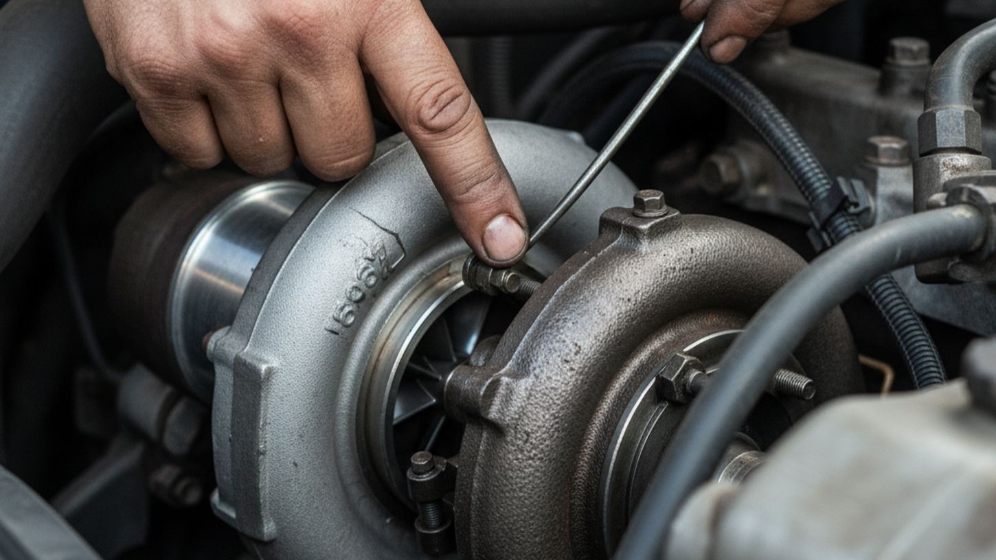 проверка турбины крупным планом, руки механика у двигателя