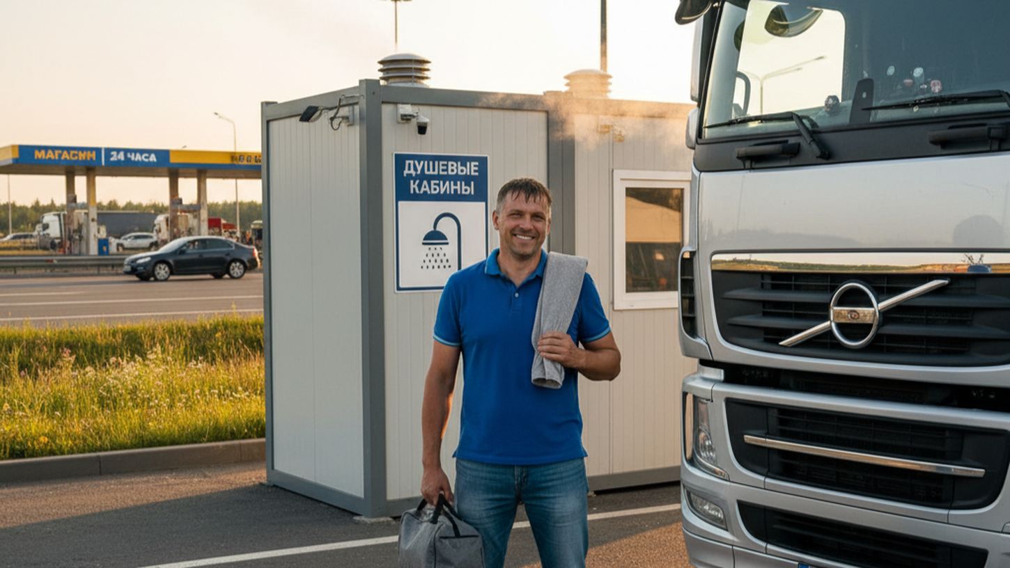 Водитель грузовика возле душевой на трассе, свежий после помывки