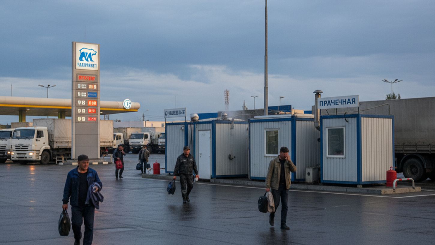 Стоянка для грузовиков с душевыми кабинами на российской АЗС