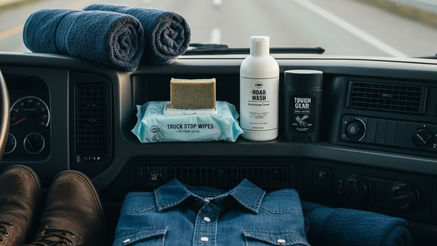 Набор средств личной гигиены дальнобойщика на панели грузовика