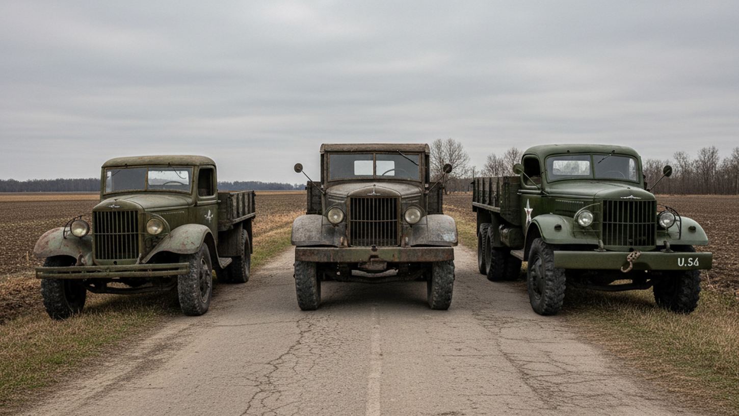 Три легендарных грузовика Великой Отечественной войны на проселочной дороге