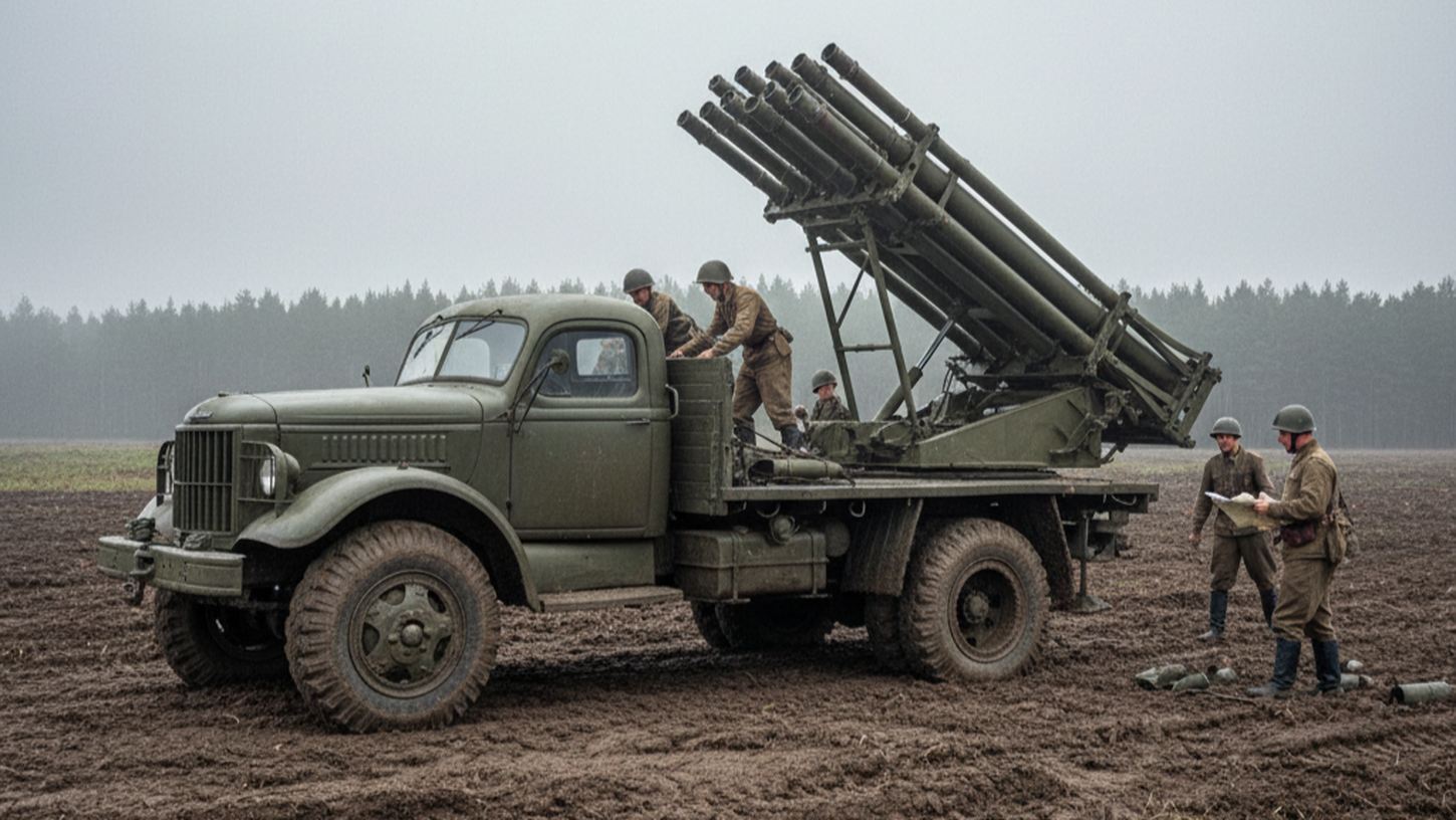 Studebaker US6 с установкой Катюша на поле перед боем