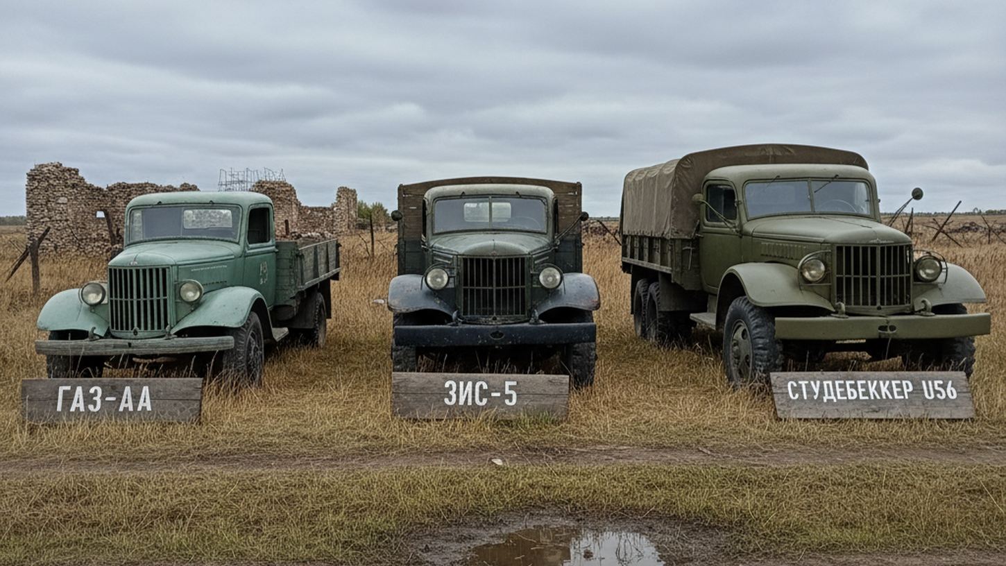 Сравнение фронтовых грузовиков ГАЗ-АА, ЗИС-5 и Studebaker US6 в музейной экспозиции