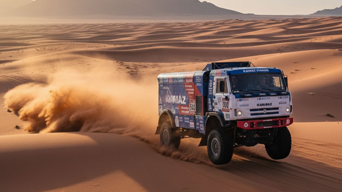 Гоночный грузовик команды КАМАЗ-мастер на ралли Дакар в пустыне