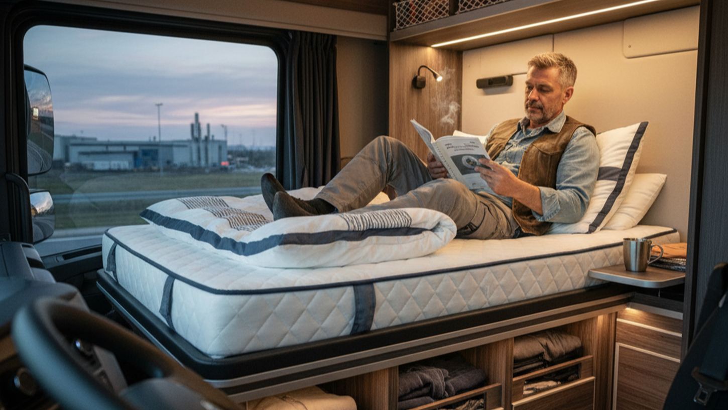интерьер кабины грузовика с идеально оборудованным спальным местом и водителем во время отдыха