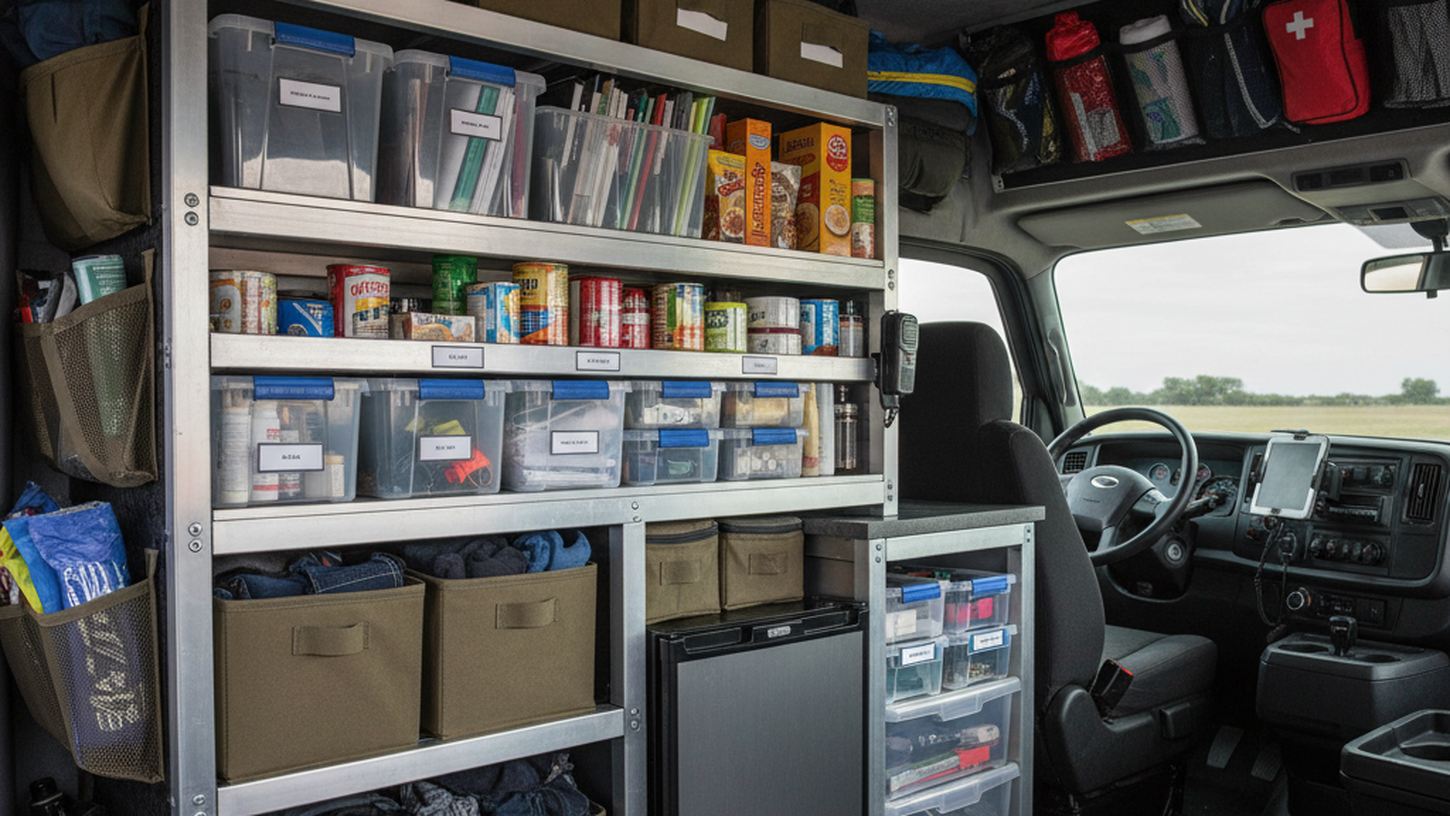 организованная система хранения вещей и продуктов в рундуках и полках грузовика