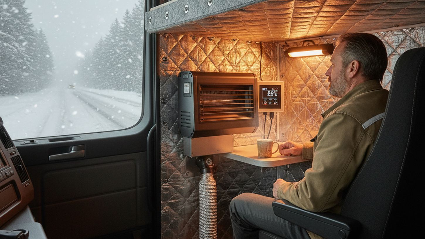 автономный отопитель и утепленная задняя стенка кабины грузовика зимой