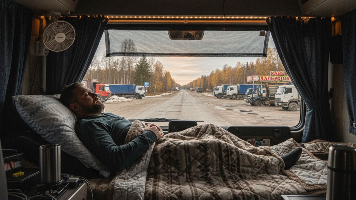 аксессуары для комфортного сна, затемнённые шторы и виды российской дороги из окна кабины