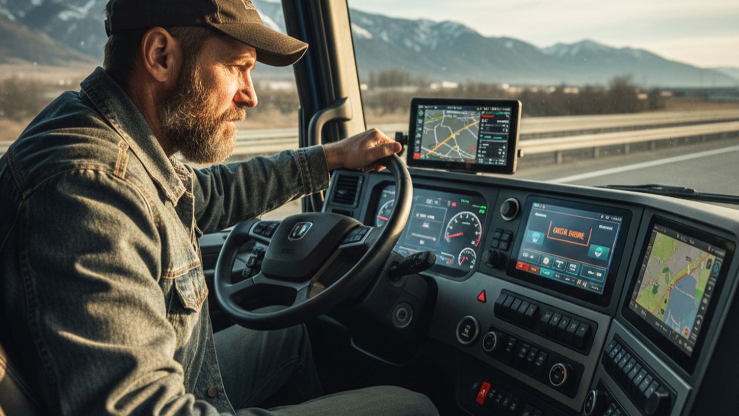 Водитель грузовика за рулем, проверяет сигнал Check Engine в кабине