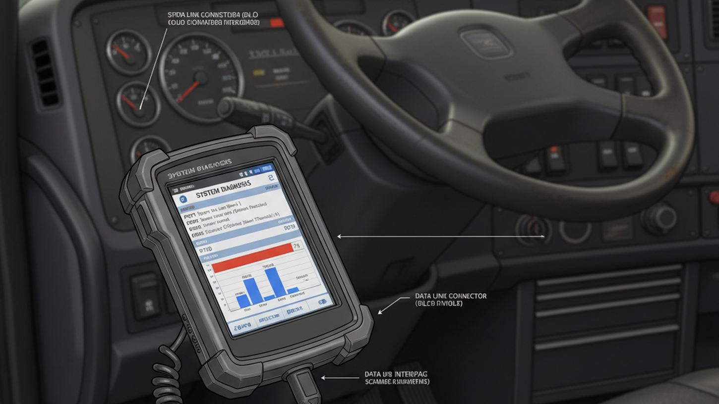 Диагностический сканер OBD2, подключенный к системе грузовика