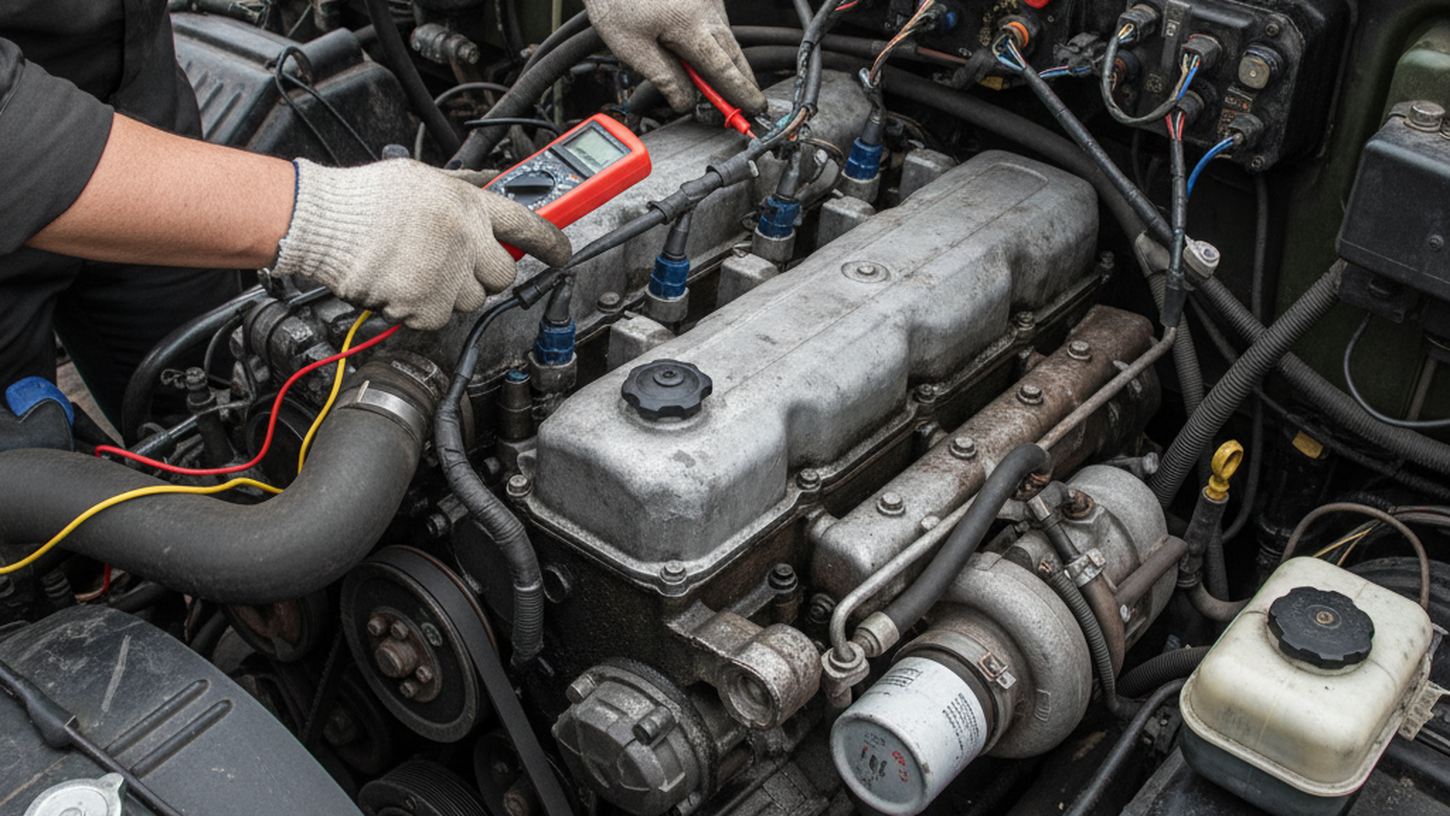 Проверка датчиков и проводки в моторном отсеке грузового автомобиля