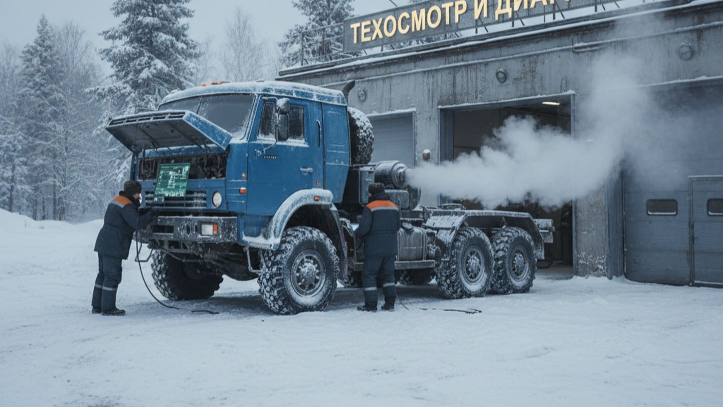 Грузовик на сервисной стоянке зимой, пар из выхлопной системы