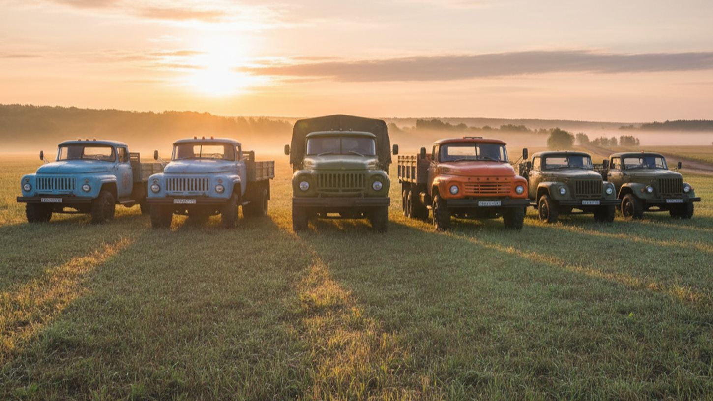 Восстановленный советский грузовик ЗИЛ-131 на рассвете среди коллекционных машин