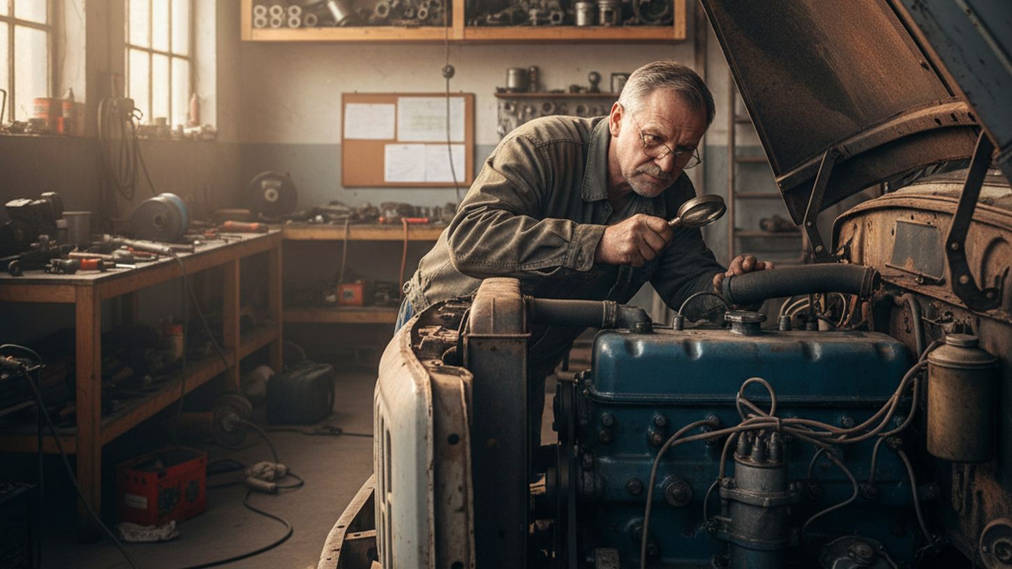 Осмотр советского грузовика ГАЗ-53 коллекционером в гараже с инструментами