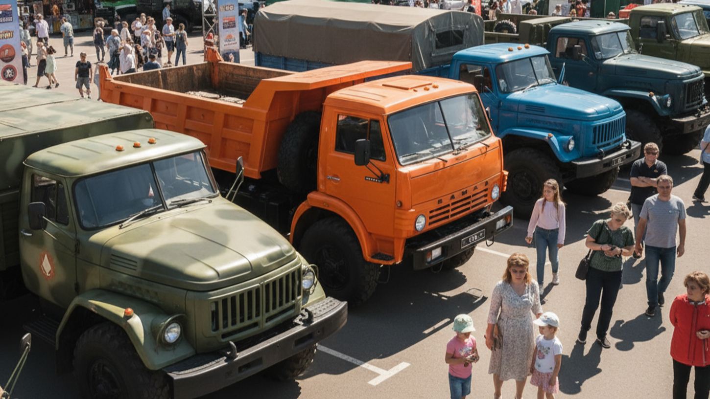 Ретро-выставка советских грузовиков на открытом воздухе с посетителями и семьями
