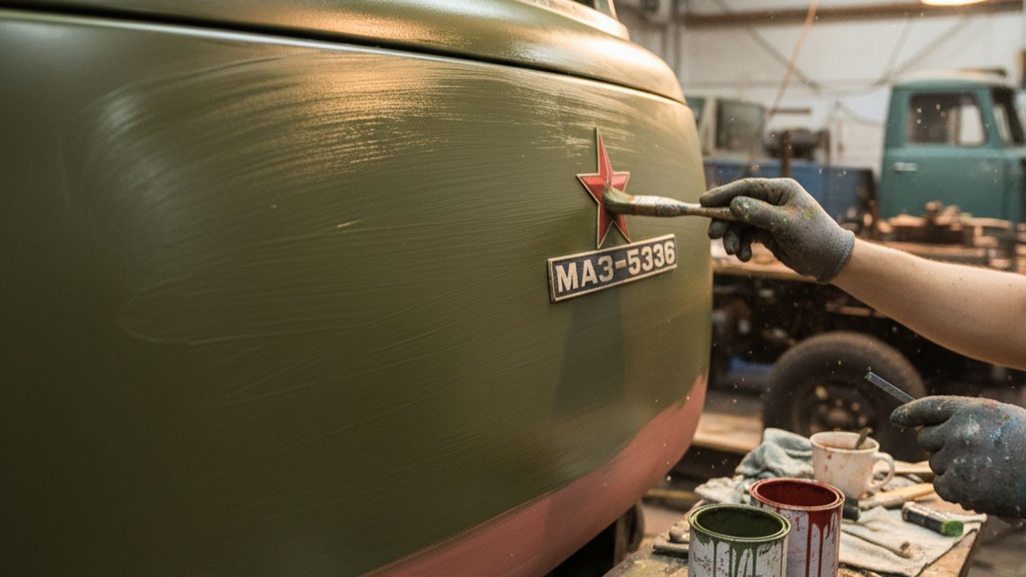 Процесс реставрации кабины МАЗ-5336 в мастерской с оригинальной советской окраской