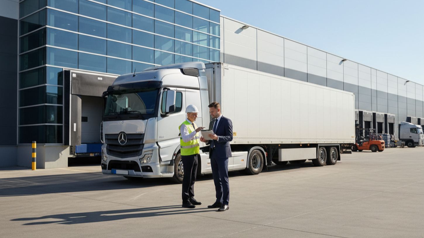 Современный грузовик с полуприцепом на складе транспортной компании