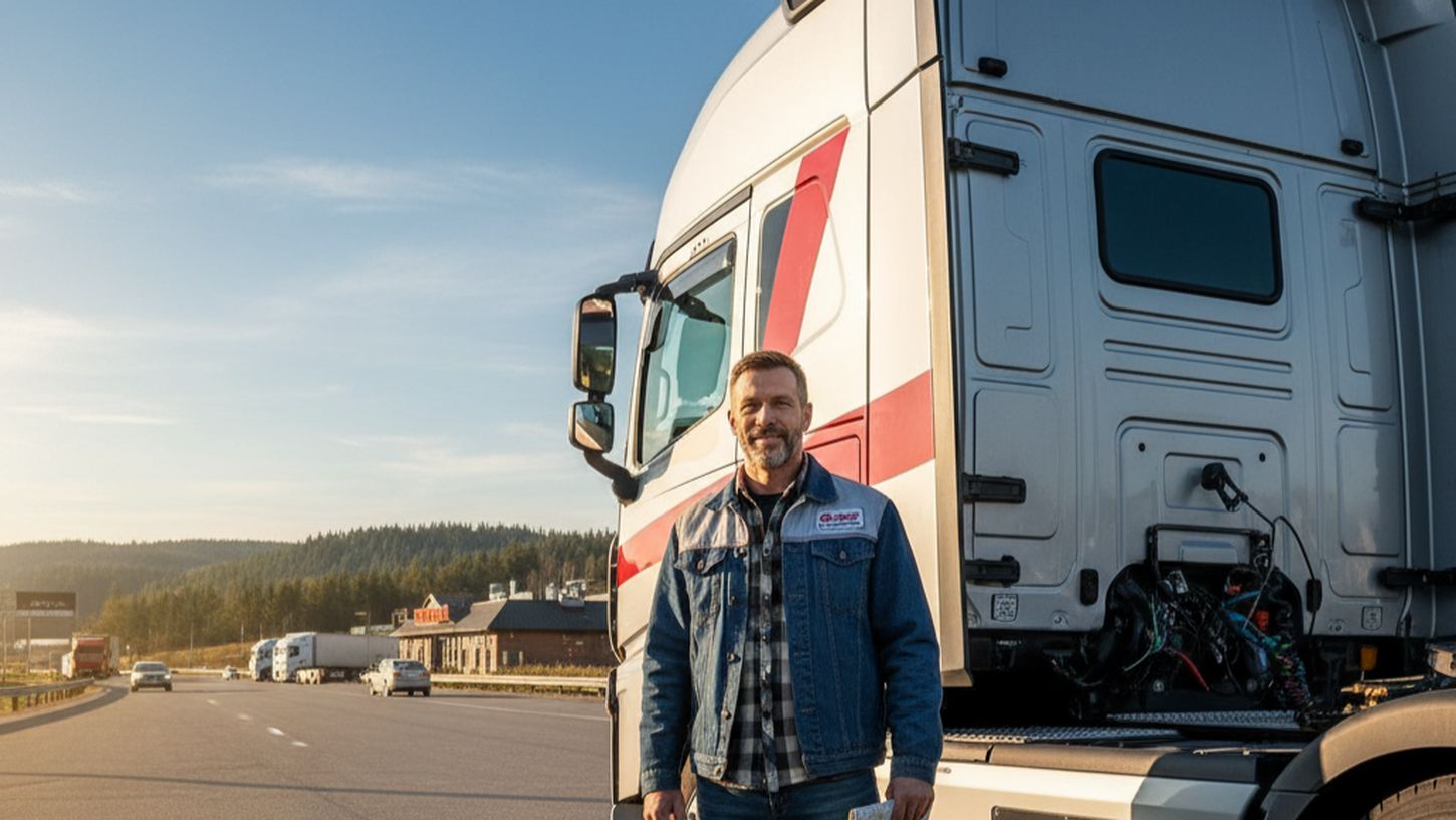 Водитель дальнобойщик стоит рядом со своим грузовиком на трассе