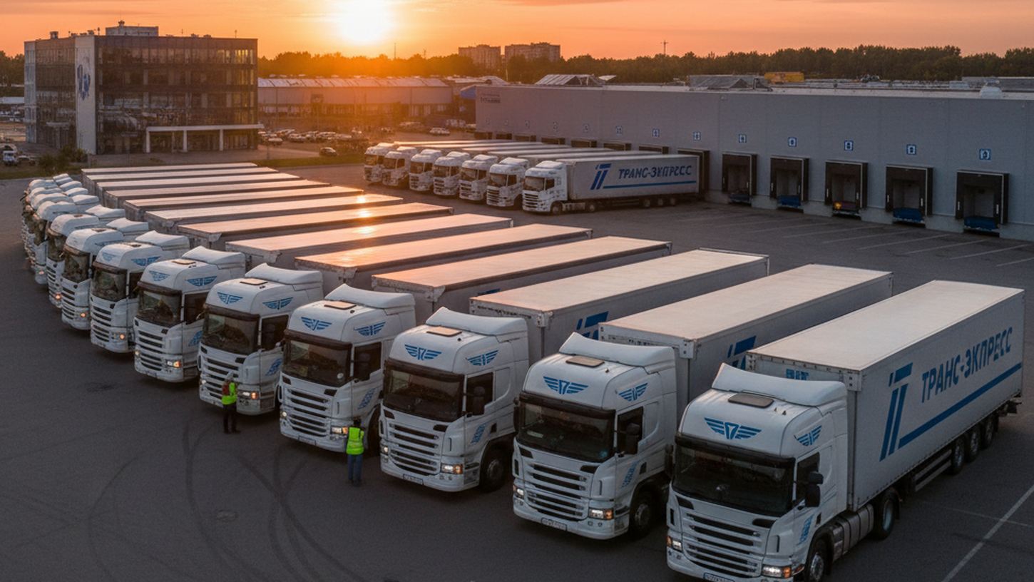 Автопарк коммерческих грузовиков для бизнеса на парковке логистической компании