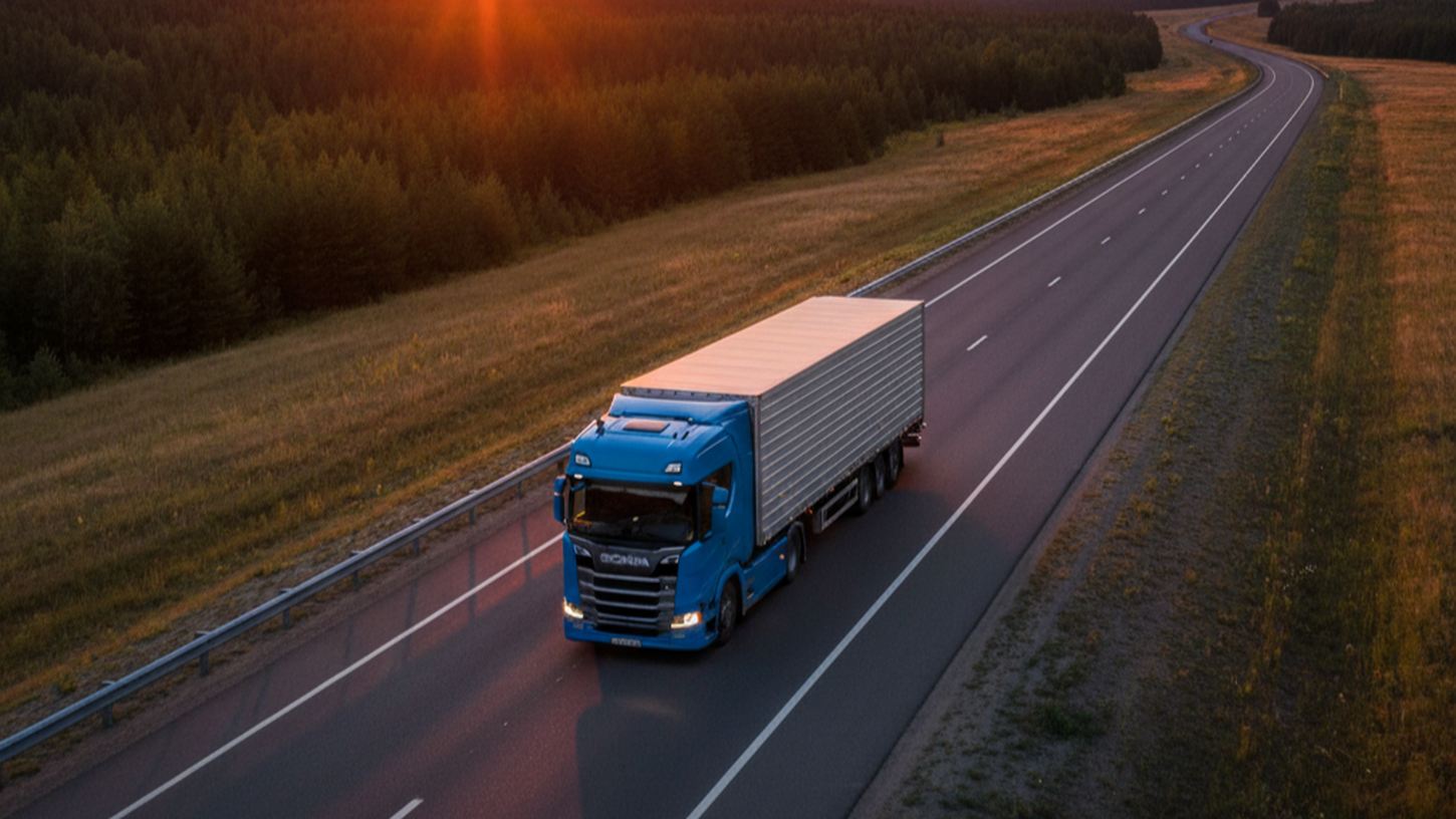 Грузовик на федеральной трассе России М5 Урал на закате