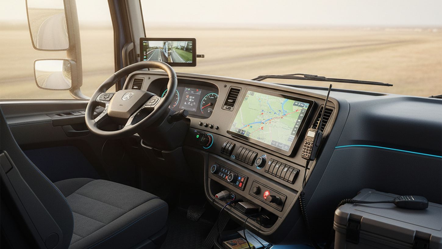 Интерьер современной кабины грузовика с навигацией и гаджетами