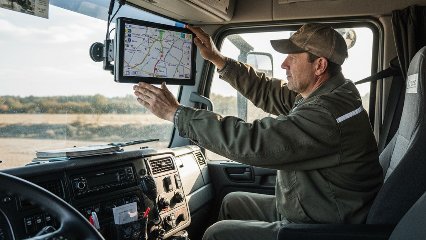 Водитель устанавливает навигатор в аккуратной кабине фуры