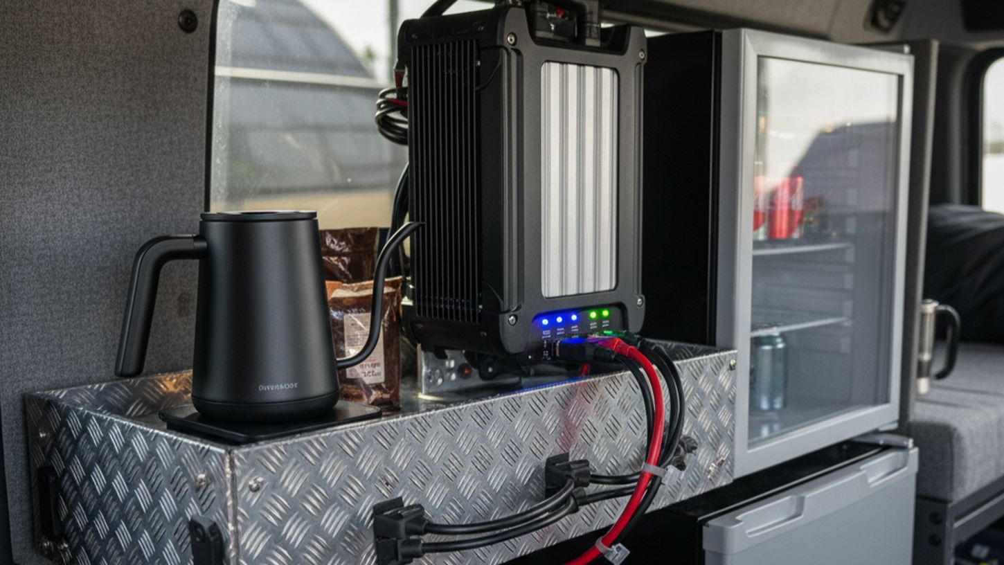 Инвертор, электрочайник и автохолодильник на полке в кабине грузового автомобиля