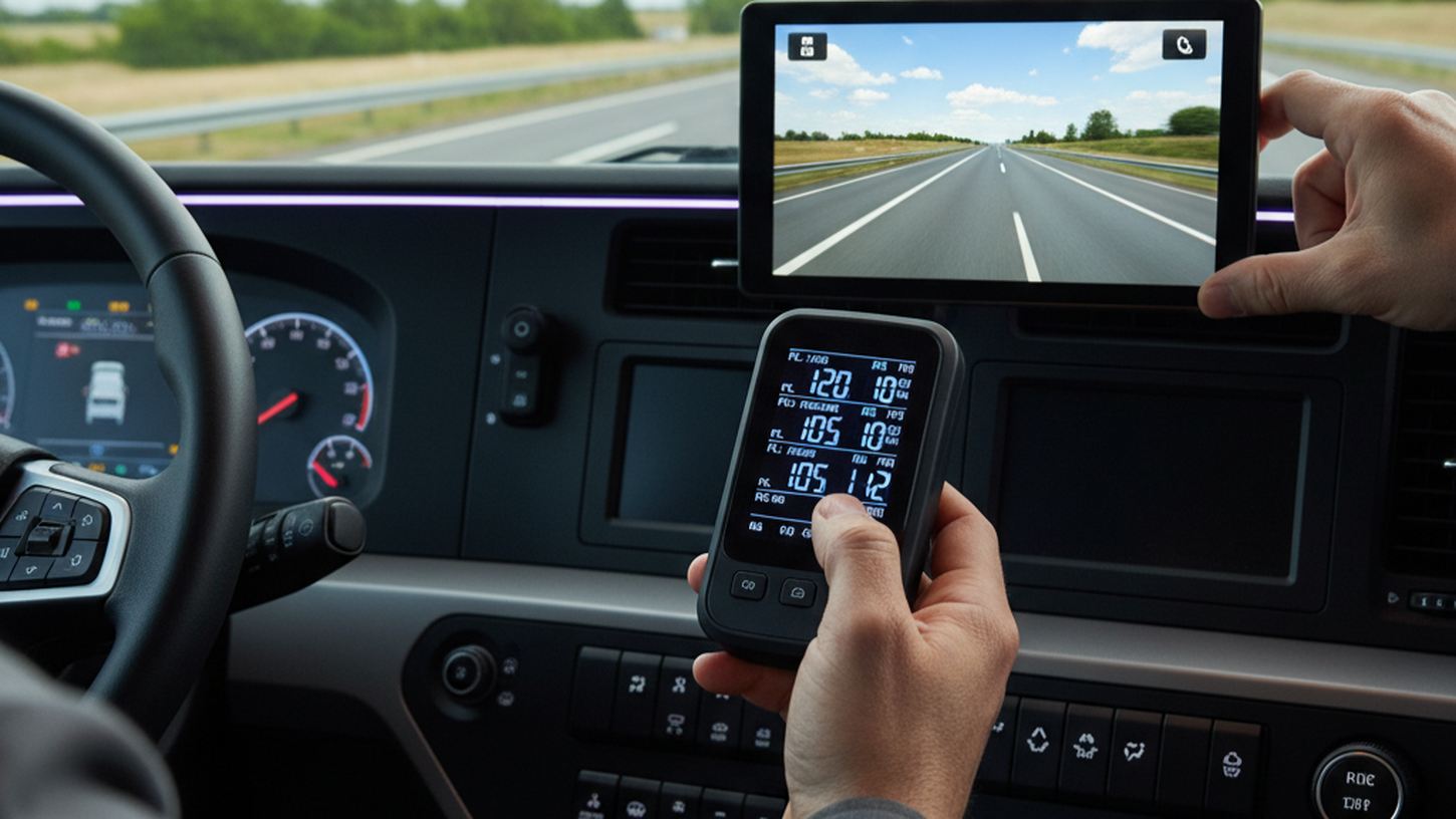 Дисплей системы контроля давления в шинах и видеорегистратор в кабине