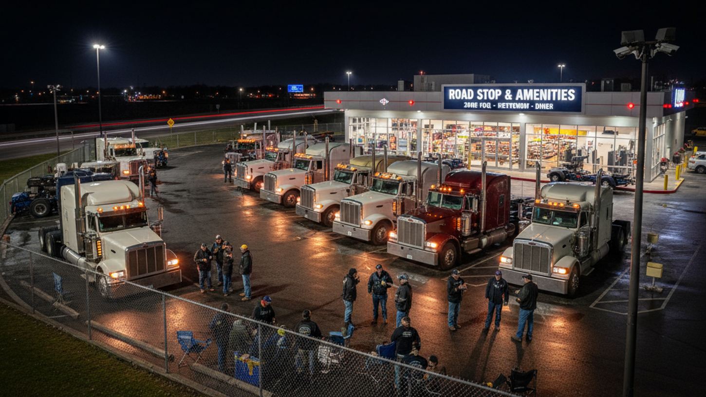 Дальнобойщики и тягачи на охраняемой стоянке рядом с сервисным комплексом