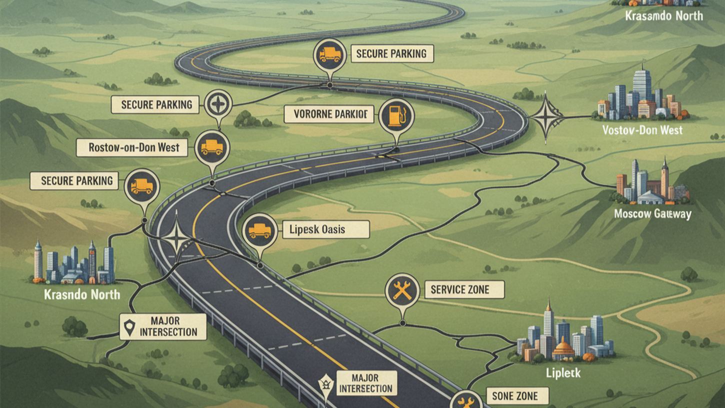 Карта трассы М4 Дон с отмеченными стоянками и сервисными зонами для грузовиков