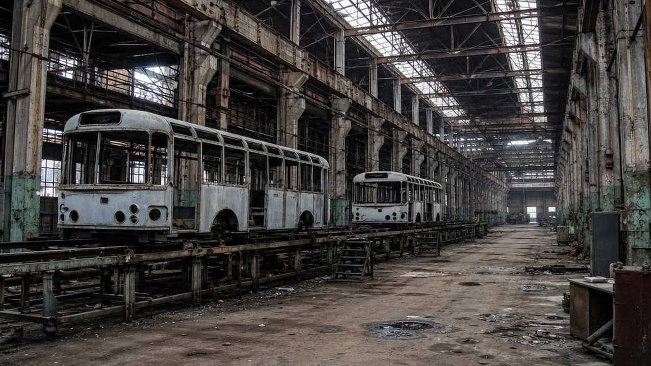 заброшенный цех автобусного завода после закрытия производства
