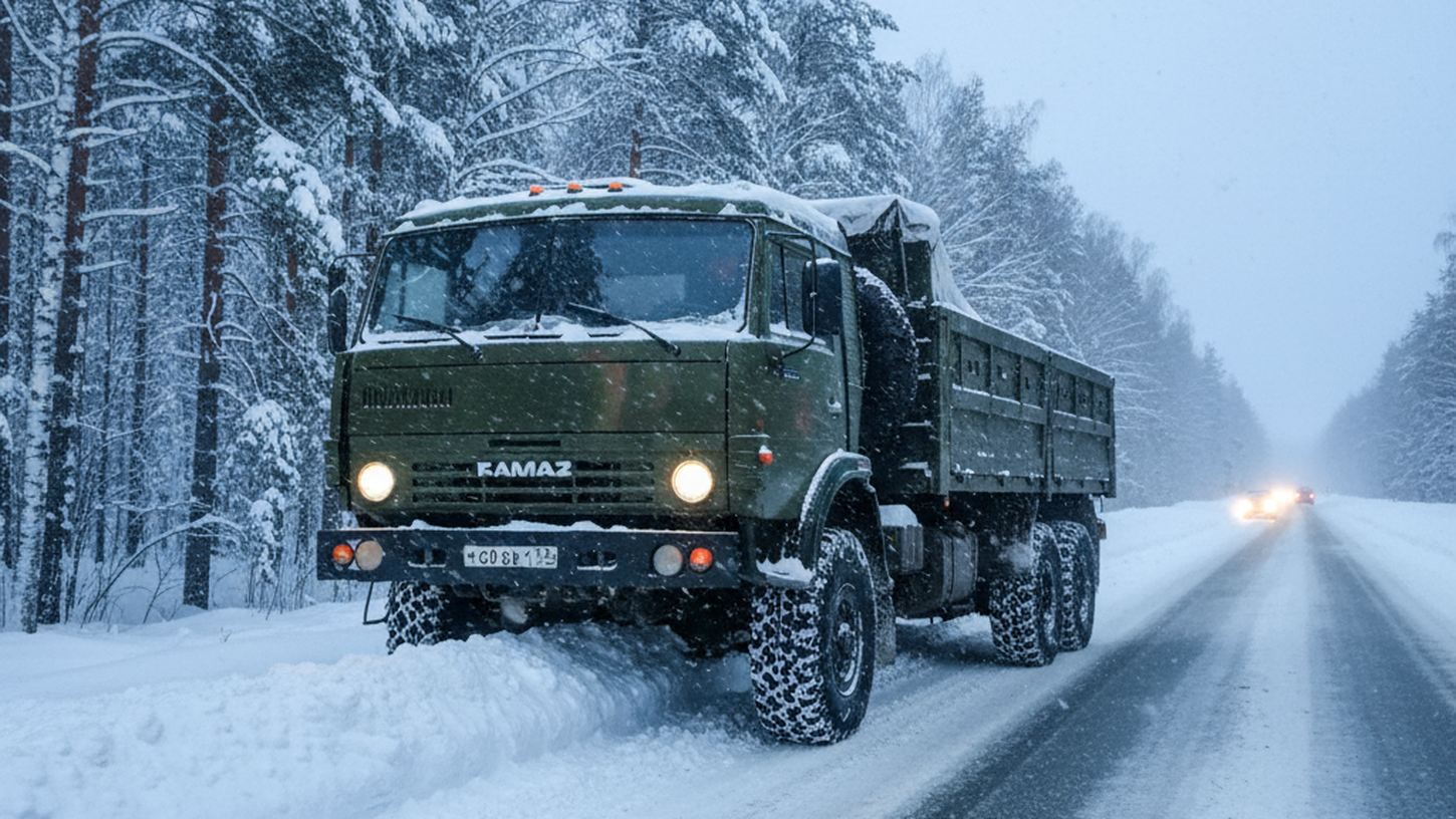 зимняя дорога, грузовик в снегу на трассе Амур