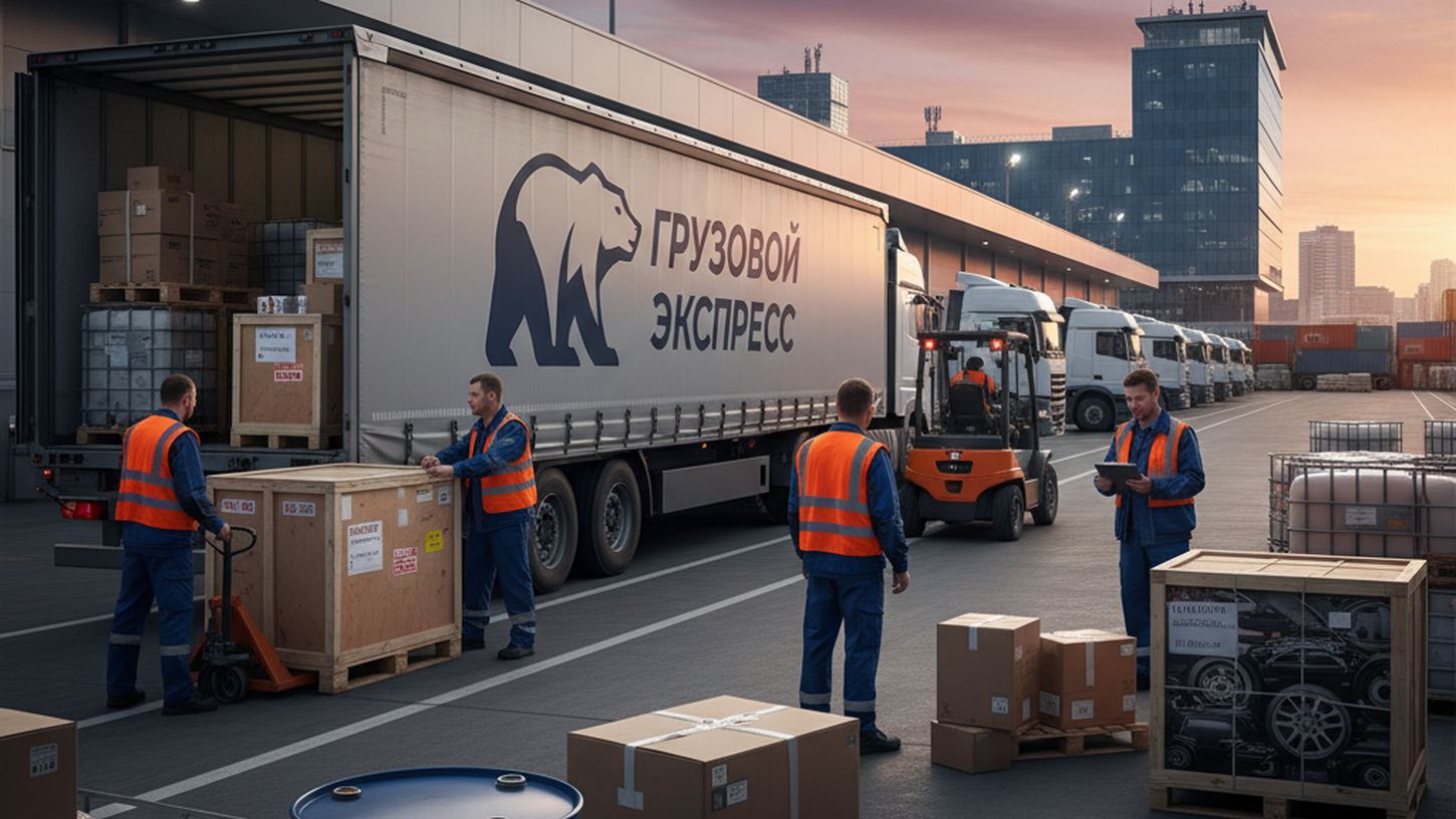 загрузка груза в логистическом центре, водители и техника