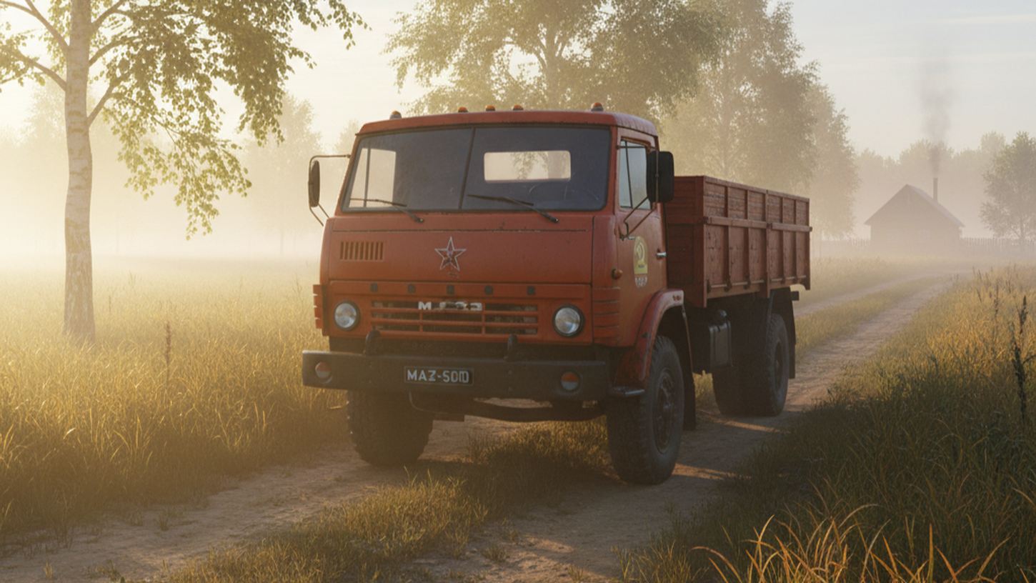 Иконный МАЗ-500 на рассвете, стоящий на загородной дороге
